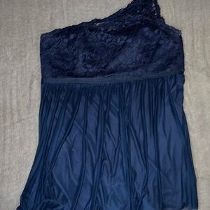 David’s bridal navy Lace and chiffon one shoulder plus size cocktail dress